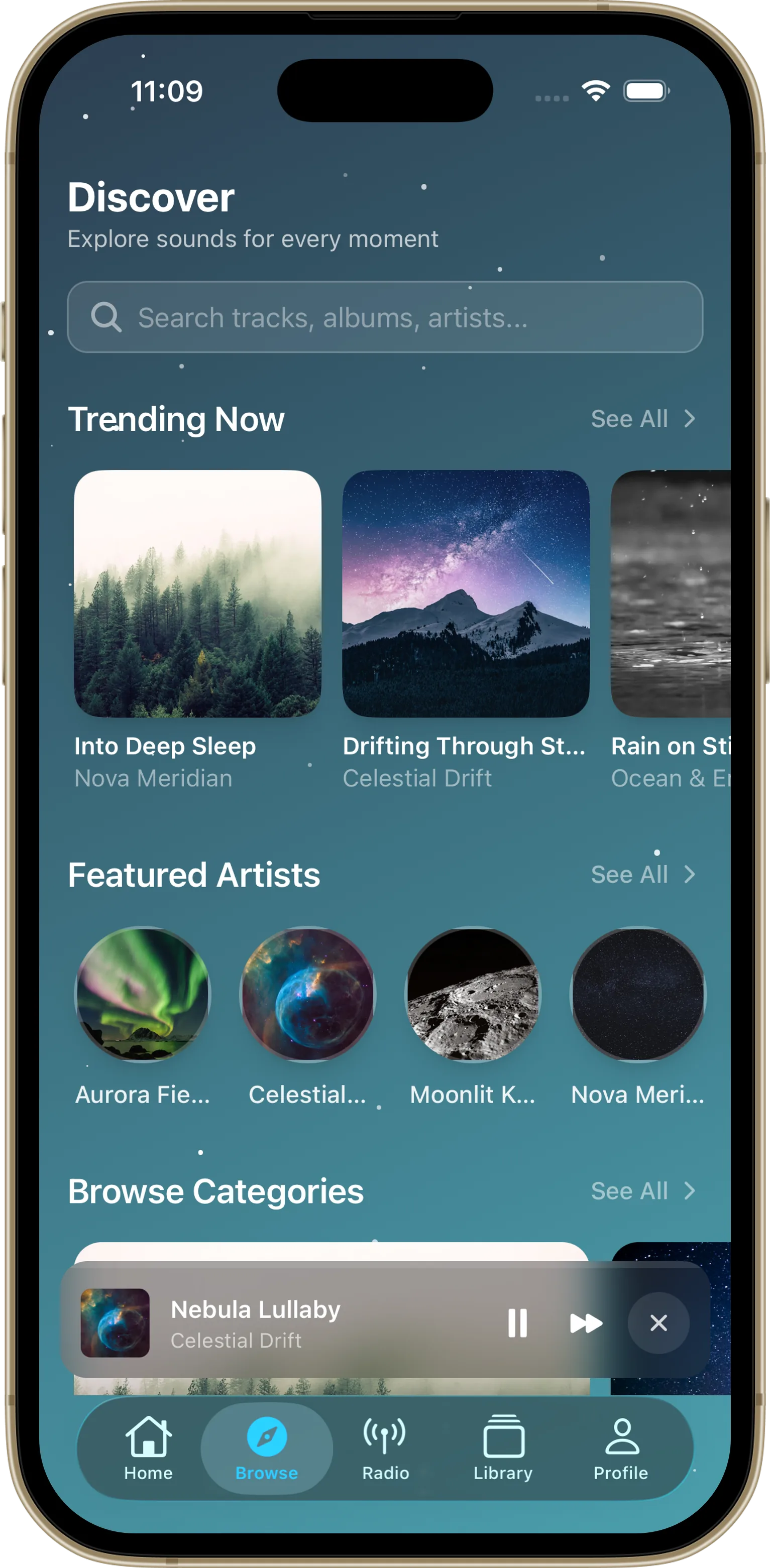 Calming Galaxy discover screen with calm categories