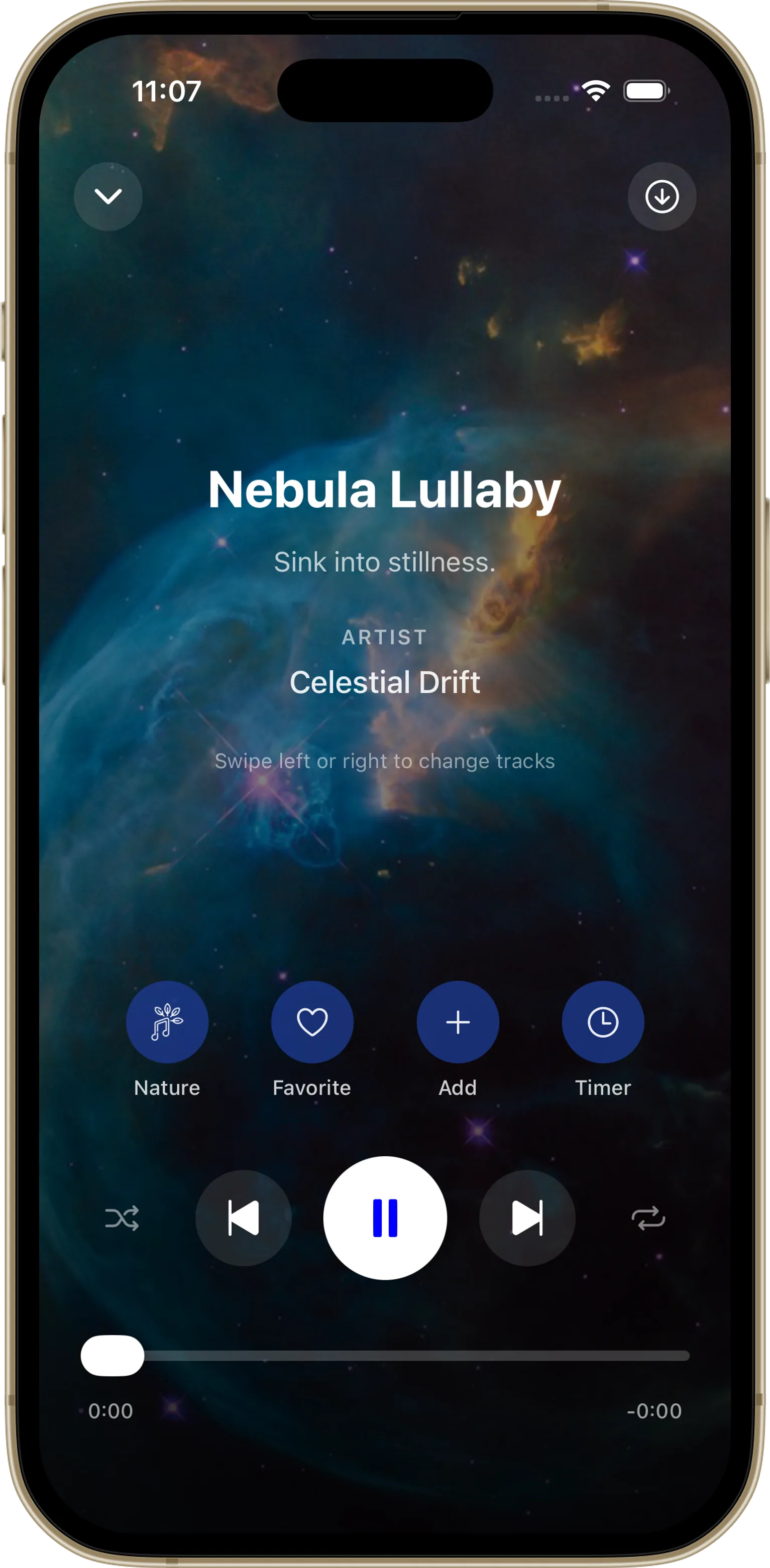 Calming Galaxy now-playing screen with sleep timer