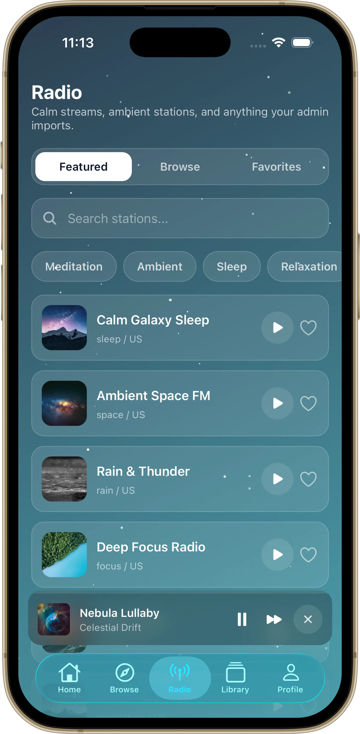 Calming Galaxy live radio stations screen