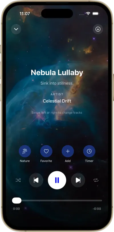 Calming Galaxy now-playing screen with sleep timer